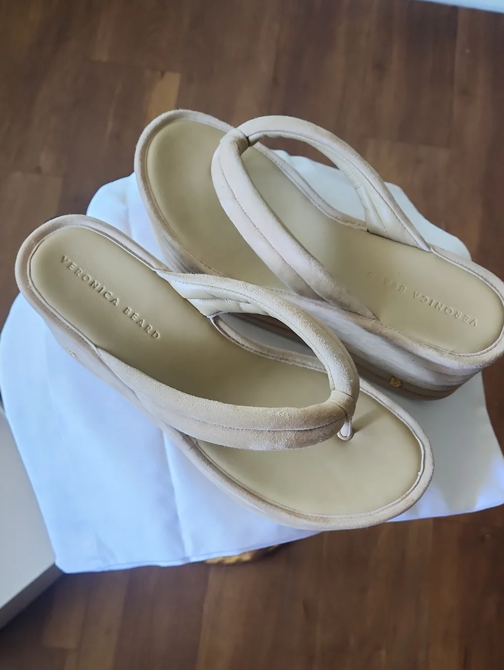 Veronica Beard Suede Beige Platform Wedge Thong Sandals
